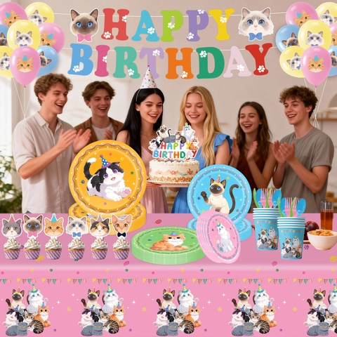 Cat Themed Birthday Party Tableware Set Disposable Paper Plates Cups Napkins Tablecloth Banner Balloons For Kids Party Decoration Supplies