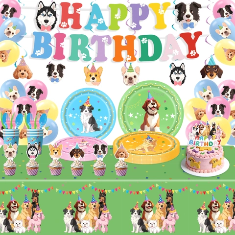 Articles Décoration Fête Anniversaire Chien Thème Chiot Dessin Animé Assiettes Papier Plastique Gobelets Serviettes Bannière Nappe pour Animaux