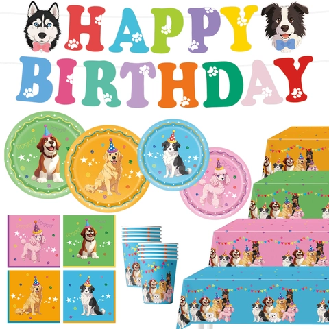 Articles Décoration Fête Anniversaire Chien Thème Chiot Dessin Animé Assiettes Papier Plastique Gobelets Serviettes Bannière Nappe pour Animaux