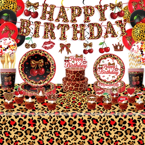 Cherry Leopard Theme Birthday Party Supplies Set Leopard Print Paper Plates Cups Napkins Tablecloth Banner Balloons Cake Toppers Disposable Tableware Decor