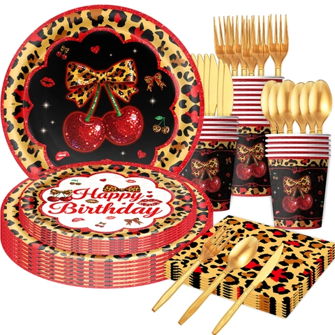Cherry Leopard Theme Birthday Party Supplies Set Leopard Print Paper Plates Cups Napkins Tablecloth Banner Balloons Cake Toppers Disposable Tableware Decor