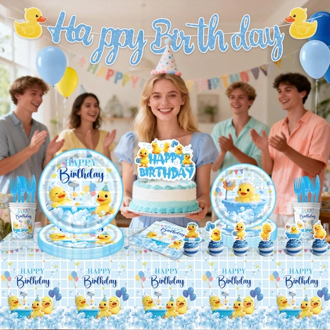 Cartoon Gelbe Ente Geburtstag Party Geschirr Set Einweg Pappteller Servietten Becher Tischdecke Für Kinder Geburtstag Deko
