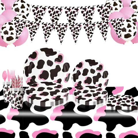Pink Black Cow Print Birthday Party Tableware Set Decoration Paper Plates Cups Napkins Banner Balloons Tablecloth Party Supplies