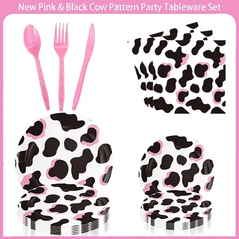 Pink Black Cow Print Birthday Party Tableware Set Decoration Paper Plates Cups Napkins Banner Balloons Tablecloth Party Supplies