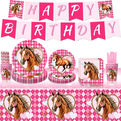 Rosa Pferd Geburtstag Party Zubehör Set Einweg Gingham Geschirr Pappteller Tassen Servietten Tischdecke Banner Für Mädchen