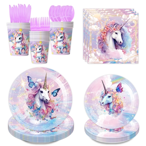 Dreamy Purple Unicorn Birthday Party Tableware Disposable Paper Plates Napkins Tablecloth Cups Plastic Cutlery For Girls