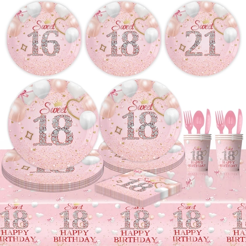 Ροζ Sweet 16 18 21 Σετ Επιτραπέζιων Σκευών Πάρτι Γενεθλίων Χάρτινα Πιάτα Μιας Χρήσης Ποτήρια Χαρτοπετσέτες Τραπεζομάντιλο Banner Διακόσμηση
