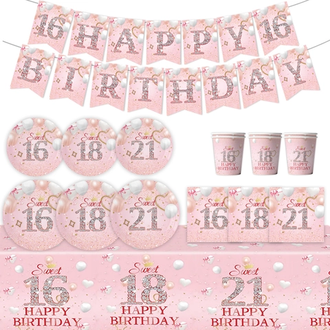 Ροζ Sweet 16 18 21 Σετ Επιτραπέζιων Σκευών Πάρτι Γενεθλίων Χάρτινα Πιάτα Μιας Χρήσης Ποτήρια Χαρτοπετσέτες Τραπεζομάντιλο Banner Διακόσμηση