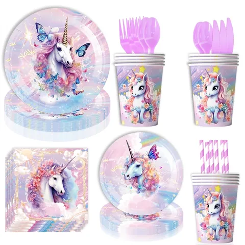 Dreamy Purple Unicorn Birthday Party Tableware Disposable Paper Plates Napkins Tablecloth Cups Plastic Cutlery For Girls
