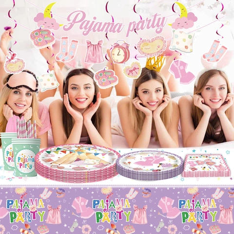 Pink Pajama Party Decoration Disposable Paper Plates Cups Napkins Banner Tablecloth For Girls Sleepover Birthday Supplies