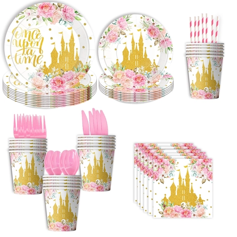 Prinzessin Schloss Thema Rosa Rose Party Geschirr Set Pappteller Becher Servietten Kunststoff Besteck Für Geburtstag Party