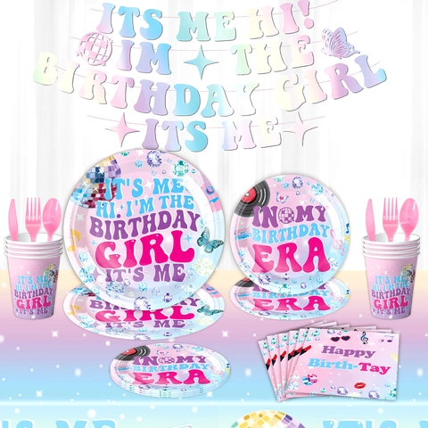 Music Era Theme Birthday Party Tableware Set Pink Gradient Disco Ball Butterfly Paper Plates Napkins Cups Tablecloth For Girls Birthday Party Era Decorations