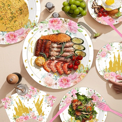 Prinzessin Schloss Thema Rosa Rose Party Geschirr Set Pappteller Becher Servietten Kunststoff Besteck Für Geburtstag Party