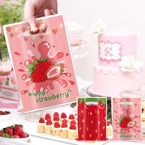 10 Pezzi Sacchetti Regalo in Plastica con Motivo a Fragola Sacchetti per Bomboniere Portatili per Confezioni di Caramelle di Compleanno