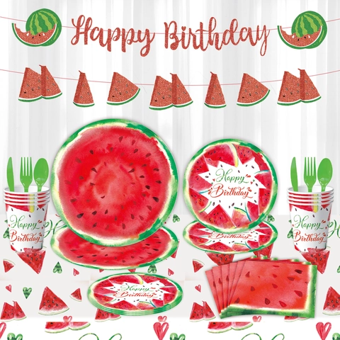 Decorazione per Festa di Compleanno Anguria Estiva Piatti di Carta Tovaglioli Bicchieri Tovaglia Banner Cake Toppers Rosso Verde Stoviglie Usa e Getta