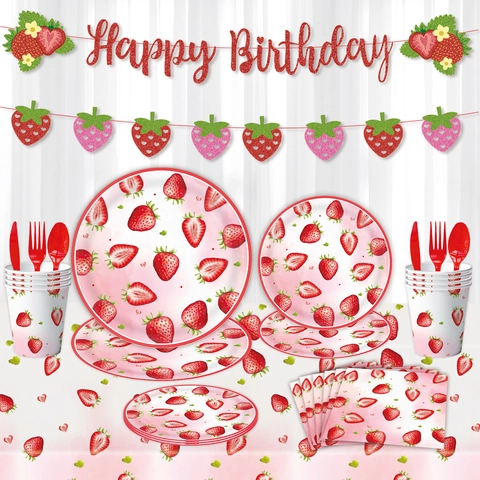 Sweet Strawberry Theme Birthday Party Tableware Set Disposable Paper Plates Napkins Cups Banner Tablecloth For Kids Party Decor