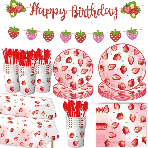 Sweet Strawberry Theme Birthday Party Tableware Set Disposable Paper Plates Napkins Cups Banner Tablecloth For Kids Party Decor