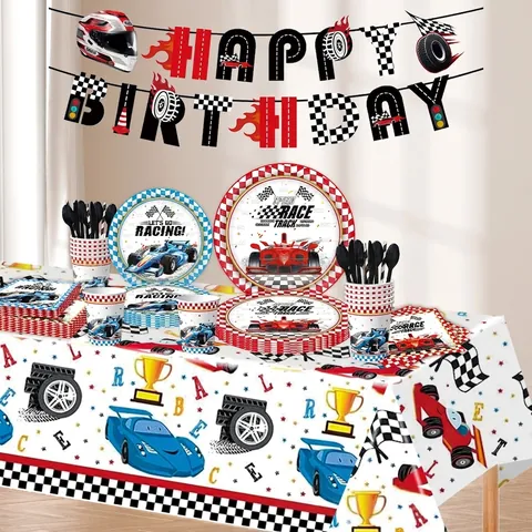 Forniture per Feste di Compleanno Auto da Corsa Piatti di Carta Usa e Getta Tovaglioli Bicchieri Tovaglia Striscione Tema Corsa
