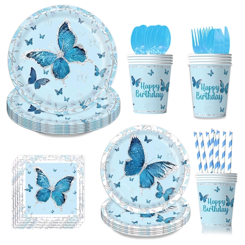 Juego de Vajilla Desechable para Fiesta de Cumpleaños Tema Mariposa Azul Platos de Papel Servilletas Vasos Juego de Cubiertos