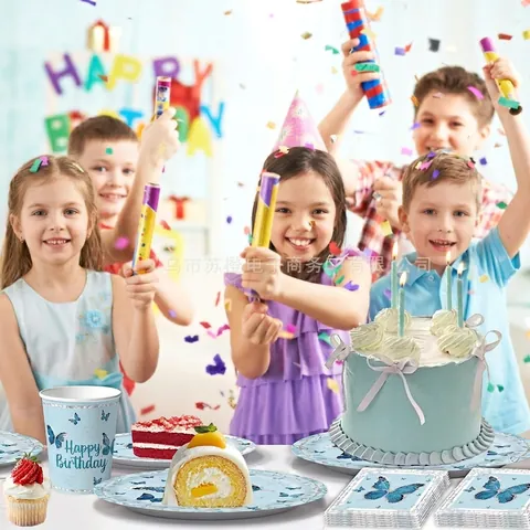 Juego de Vajilla Desechable para Fiesta de Cumpleaños Tema Mariposa Azul Platos de Papel Servilletas Vasos Juego de Cubiertos