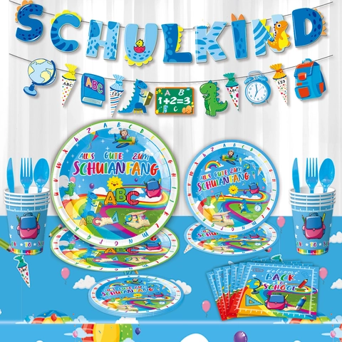 Back To School Party Tableware Set Dinosaur Theme Paper Plates Cups Napkins Banner Tablecloth For School Opening Celebration