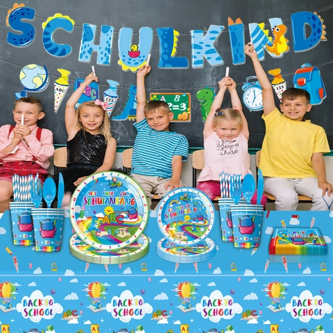 Back To School Party Tableware Set Dinosaur Theme Paper Plates Cups Napkins Banner Tablecloth For School Opening Celebration