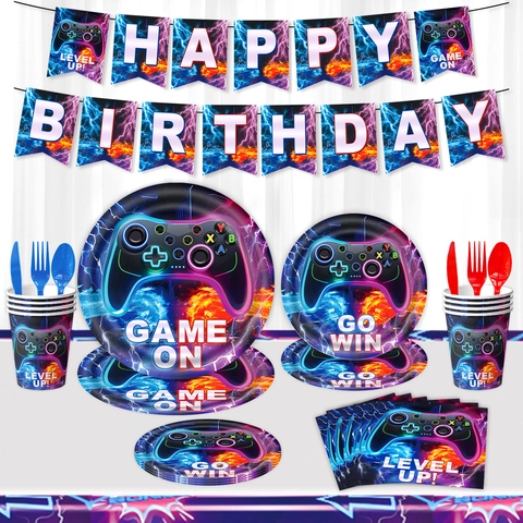Lila Videospiel Thema Geburtstag Partybedarf Einweg Pappteller Servietten Tischdecke Banner Game On Level Up Party Dekorationen