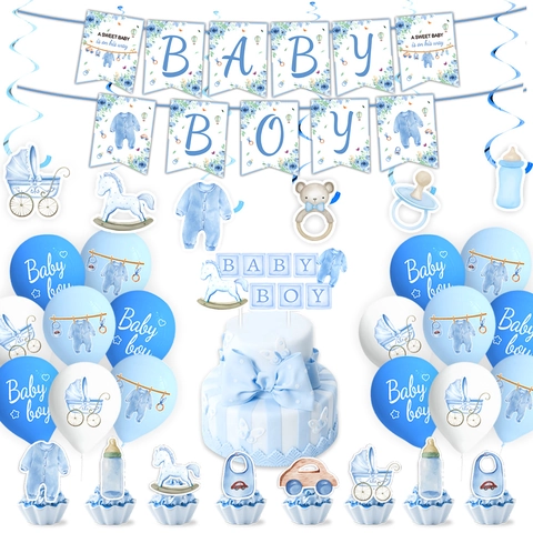 Blue White Baby Boy Shower Decoration Set Baptism Birthday Party Banner Cake Toppers Balloons Hanging Swirls Decor