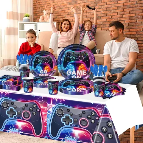 Lila Videospiel Thema Geburtstag Partybedarf Einweg Pappteller Servietten Tischdecke Banner Game On Level Up Party Dekorationen