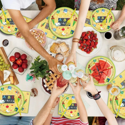 Back To School Theme Party Tableware Set Disposable Paper Plates Cups Napkins Yellow Plastic Cutlery Straws For Classroom