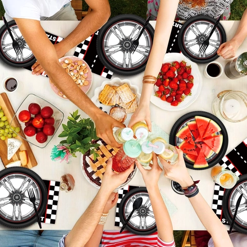 Racing Wheel Theme Birthday Party Tableware Collection Checkered Flag Paper Plates Cups Napkins Banner Tablecloth For Kids