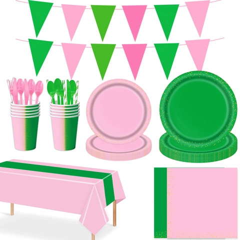 Set de Vaisselle de Fête Sorcière Rose Vert Pois Dorés Assiettes en Papier Gobelets Serviettes Bannière Nappe Anniversaire