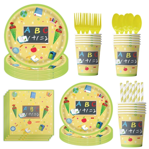Back To School Theme Party Tableware Set Disposable Paper Plates Cups Napkins Yellow Plastic Cutlery Straws For Classroom