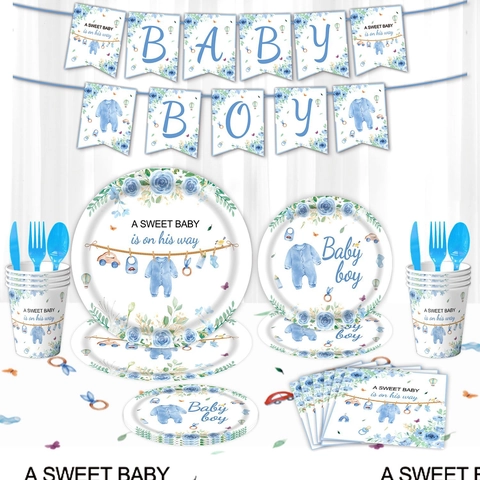 Baby Boy Shower Party Geschirr Set Blau Floral Pappteller Becher Servietten Tischdecke Banner Ballon Dekorationen Für Geburtstag