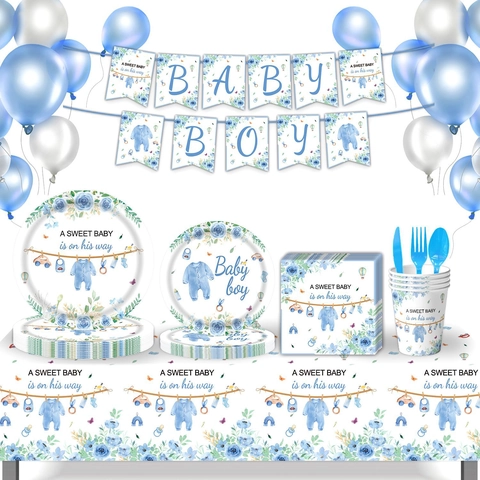 Baby Boy Shower Party Geschirr Set Blau Floral Pappteller Becher Servietten Tischdecke Banner Ballon Dekorationen Für Geburtstag