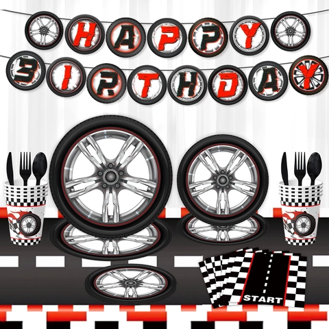 Racing Wheel Theme Birthday Party Tableware Collection Checkered Flag Paper Plates Cups Napkins Banner Tablecloth For Kids