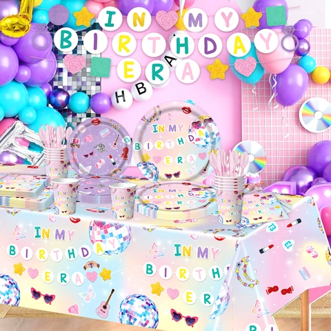 Music Era Themed Birthday Party Supplies Banner Paper Plates Cups Napkins Tablecloth Disco Ball Pink Purple Decorations