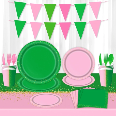Set de Vaisselle de Fête Sorcière Rose Vert Pois Dorés Assiettes en Papier Gobelets Serviettes Bannière Nappe Anniversaire