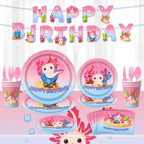 Axolotl Birthday Party Supplies Pink Blue Gradient Cartoon Dinosaur Disposable Paper Plates Napkins Cups Tablecloth Banner Balloons For Kids Decoration