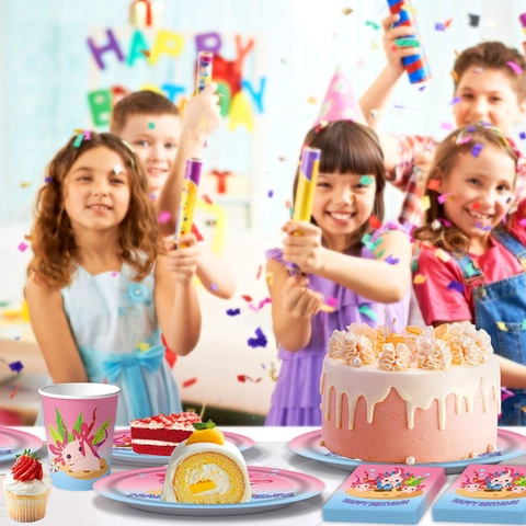 Axolotl Birthday Party Supplies Pink Blue Gradient Cartoon Dinosaur Disposable Paper Plates Napkins Cups Tablecloth Banner Balloons For Kids Decoration