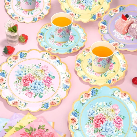 Vaisselle en Papier à Fleurs Assiettes Gobelets Serviettes pour Tea Party Anniversaire Bord Festonné Articles de Fête