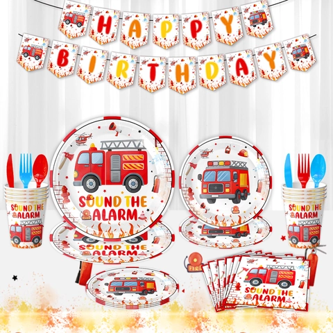 Vajilla para Fiesta de Cumpleaños Tema Camión de Bomberos Dibujos Animados Bombero Platos de Papel Vasos Servilletas Pancarta Mantel Decoración