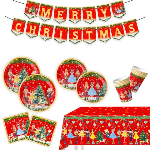 Weihnachten Nussknacker Party Einweggeschirr Set Cartoon Feiertag Papier Teller Servietten Becher Banner Tischdecke Festliche Themenparty Dekoration Set