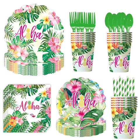 Stoviglie per Feste Tropicali Hawaii Aloha Fenicottero Ananas Floreale Piatti di Carta Bicchieri Tovaglioli Posate Monouso per Estate Compleanno
