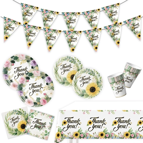 Florale Sonnenblume Papier Geschirr Set Bedruckt Thank You Einwegteller Becher Servietten Banner Tischdecke Für Erntedankfest Party Dekorationen