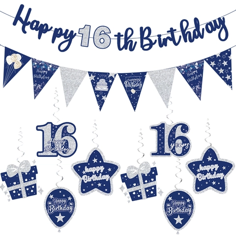 Navy Blue Silver Happy Birthday Party Decorations Banner Pennant Hanging Swirls For Birthday Celebration Supplies
