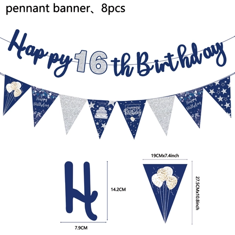 Navy Blue Silver Glitter Happy Birthday Hanging Banner Swirl Spiral Pendant Set For Sixteen Twenty One Party Scene Decor Hanging Flags Bunting Pack