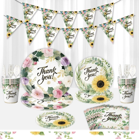 Thanksgiving Floral Disposable Tableware Set Sunflower Rose Printed Plates Napkins Cups Banners For Autumn Party Decoration