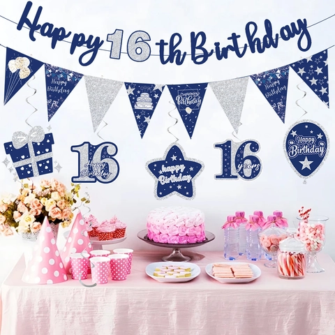 Navy Blue Silver Happy Birthday Party Decorations Banner Pennant Hanging Swirls For Birthday Celebration Supplies