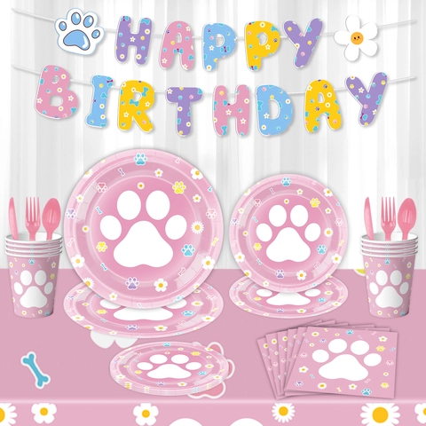Simpatica Collezione di Articoli per Feste con Impronte di Zampe di Cane Piatti di Carta Usa e Getta Tovaglioli Tovaglia Banner per Decorazioni di Compleanno a Tema Cucciolo